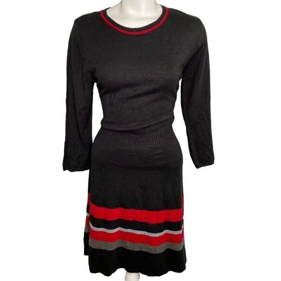 Apt 9 Fit & Flare Dress Women's MEDIUM Black Red‎ Gray Long-Sleeve Soft Crew - Picture 9 of 10